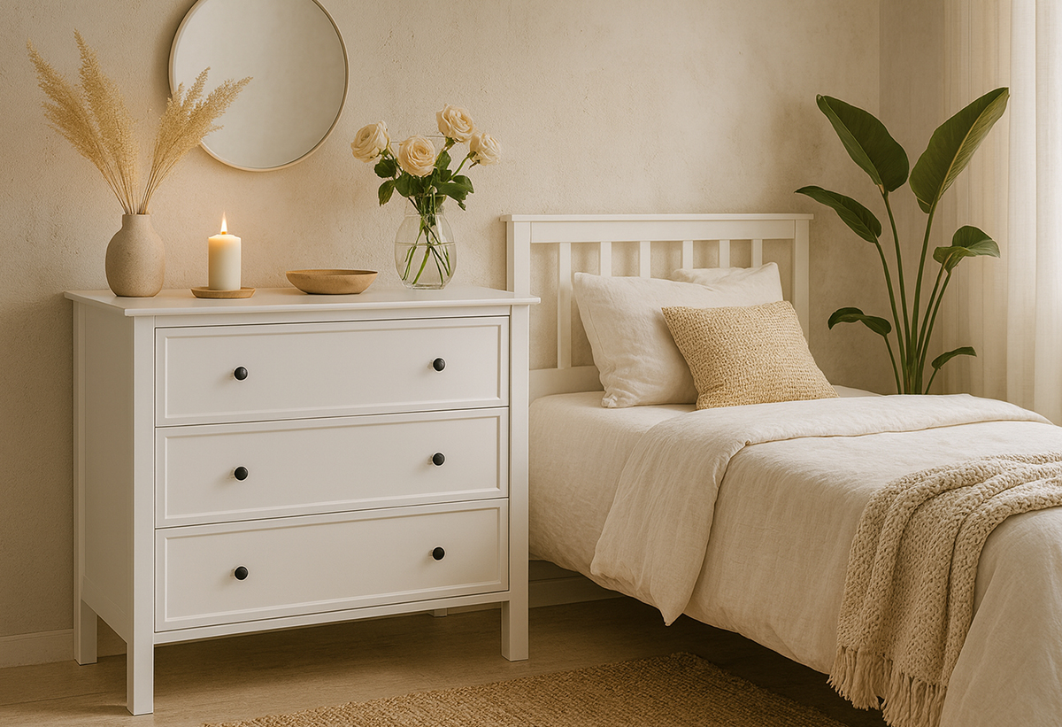 Απεικονίζεται η συρταριέρα σε ένα υπνοδωμάτιο.